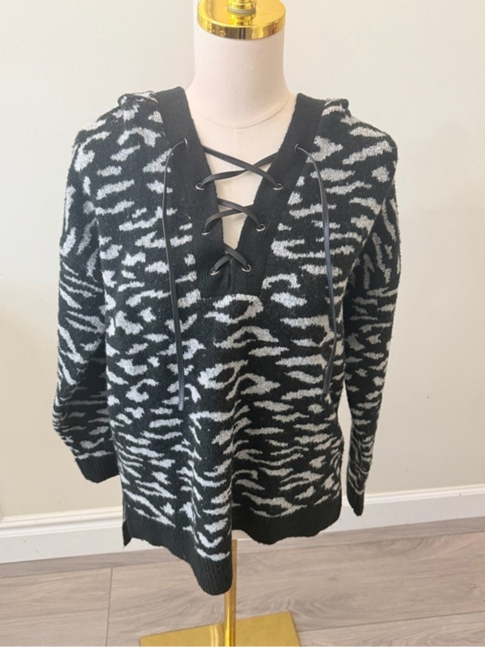 Rock & Republic Black and White Lace-Up Knit Hoodie